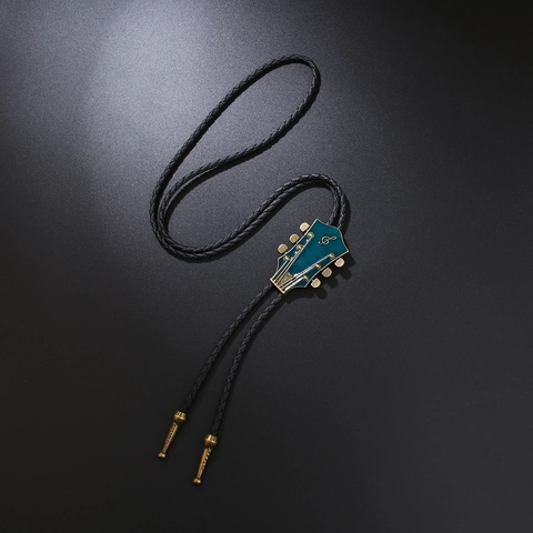 Vintage Western Cowboy Bolo Tie Blue Enamel Guitar Headstock Musical Treble Clef Pendant Braided Leather Rope Necklace Jewelry