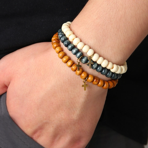 Vintage Wood Bead Bracelet For Men With Alloy Cross Pendant Elastic Multilayer Beaded Wristband Religious Fashion Jewelry