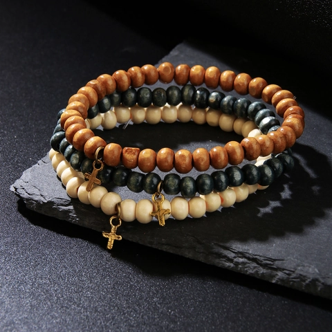 Vintage Wood Bead Bracelet For Men With Alloy Cross Pendant Elastic Multilayer Beaded Wristband Religious Fashion Jewelry