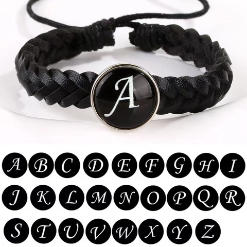 Handgeweven Zwarte Kunstlederen Armband Verstelbare Initiaalletter Alfabet Glas Cabochon Legering Hanger Unisex Sieraden
