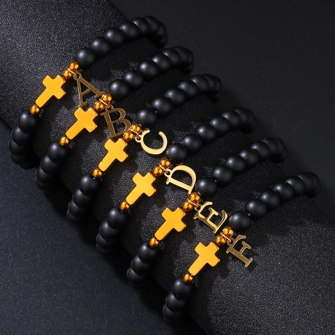 8mm Matte Obsidian Cross Initial Letter Charm Bead Bracelet For Women Men Personalized Alphabet Jewelry Religious Gift