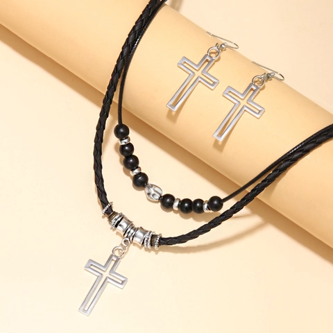 Set di Collana con Pendente a Croce e Orecchini Vintage Gotico Nero con Perline Cordino Cerato Doppia Catena Gioielli Punk per Donna