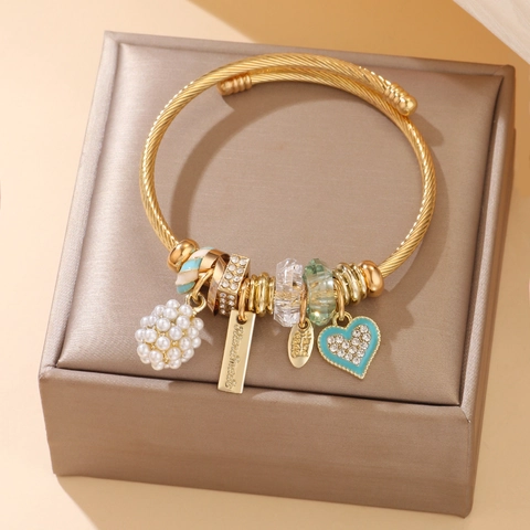 Bracciale con Perline in Acciaio Inossidabile Fatto a Mano Cuore Strass Ciondolo Perla Artificiale Gioielli Donna