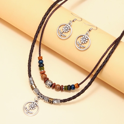 Colección Joyas Bohemias Vintage Flor Mujer Colgante Girasol Aleación Collar Doble Capa Cuerda Tejida Con Pendientes