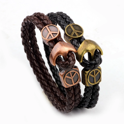 Retro Herren Geflochtenes Leder Anker Armband Friedenssymbol Vintage Punk Stil Legierung Haken Schmuck Armreif Geschenk Für Männer Schwarz Braun