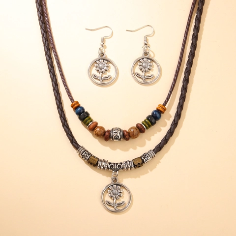 Colección Joyas Bohemias Vintage Flor Mujer Colgante Girasol Aleación Collar Doble Capa Cuerda Tejida Con Pendientes