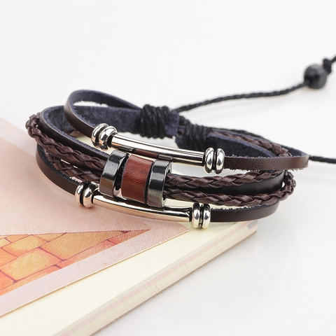 Bracciale da Uomo Vintage Multistrato in Pelle Intrecciata Fatto a Mano in Lega Stile Onda Regolabile Punk Moda Polsino Gioielli Regalo