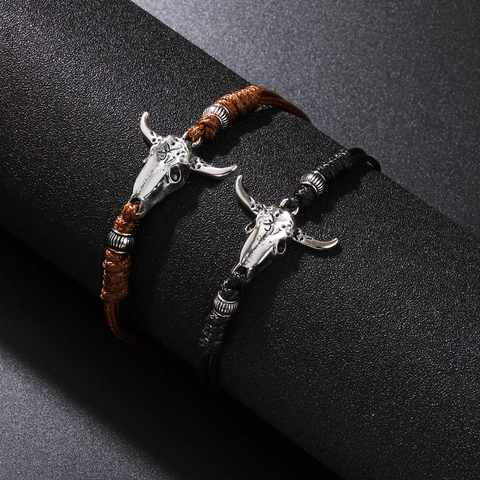 Bracciale in Corda Intrecciata con Ciondolo a Forma di Teschio di Toro Vintage per Uomo Donna Punk Western Fatto a Mano Regolabile