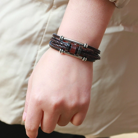 Bracciale da Uomo Vintage Multistrato in Pelle Intrecciata Fatto a Mano in Lega Stile Onda Regolabile Punk Moda Polsino Gioielli Regalo