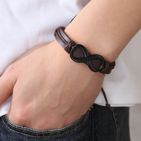 Vintage Punk Herren Geflochtenes Leder Armband Unendlichkeitssymbol Legierung Anhänger Braun Schwarz Handsul Casual Mode Schmuck