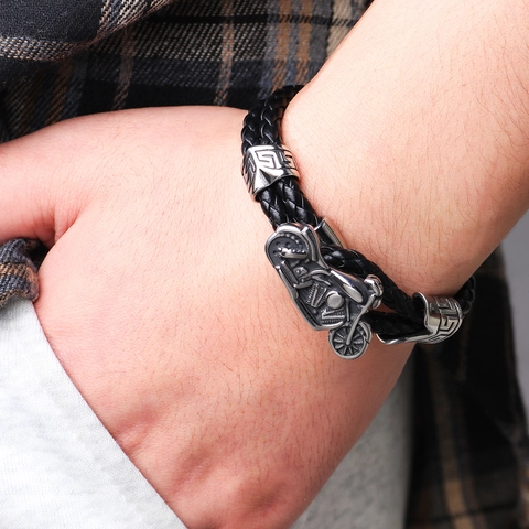 Bracciale Intrecciato in Pelle PU Acciaio Inossidabile Punk Biker Uomo Catena a Mano con Fibbia per Motocicletta Retrò