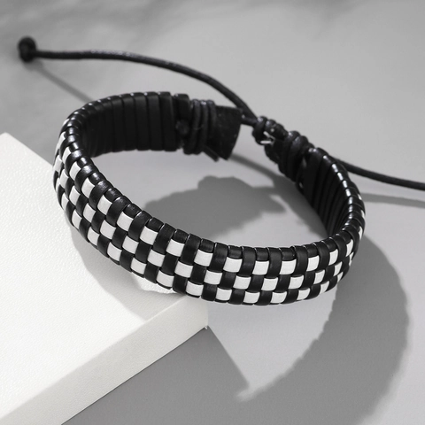 Pulsera de Cuero de Vaca Trenzado Hecho a Mano Tablero de Ajedrez Ajustable Patrón de Rejilla Blanco y Negro Joyería de Moda Unisex