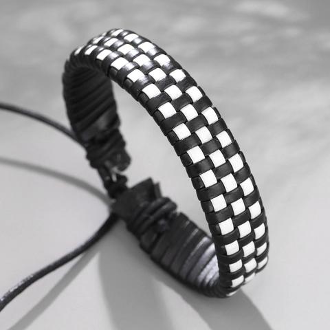 Pulsera de Cuero de Vaca Trenzado Hecho a Mano Tablero de Ajedrez Ajustable Patrón de Rejilla Blanco y Negro Joyería de Moda Unisex