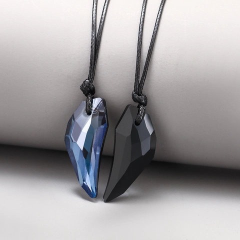 Set di Collane con Pendente a Dente di Lupo in Cristallo Artificiale per Coppie Blu Nero Cuore Splicing Corda Intrecciata