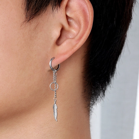 Stainless Steel Feather Pendant Chain Hoop Earrings For Men Women Punk Minimalist Long Drop Earrings Unisex Trendy Jewelry Gift
