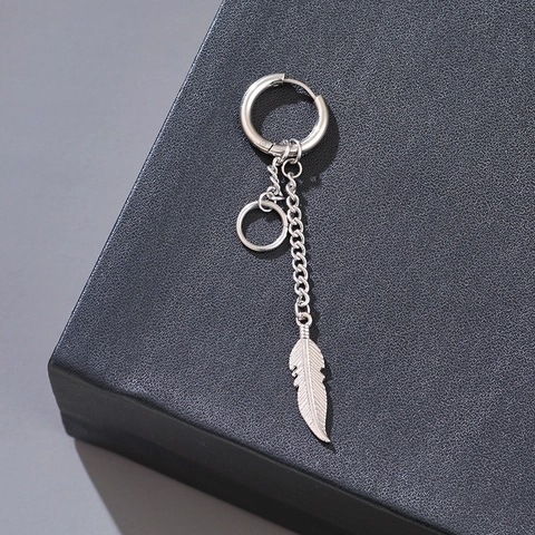 Stainless Steel Feather Pendant Chain Hoop Earrings For Men Women Punk Minimalist Long Drop Earrings Unisex Trendy Jewelry Gift
