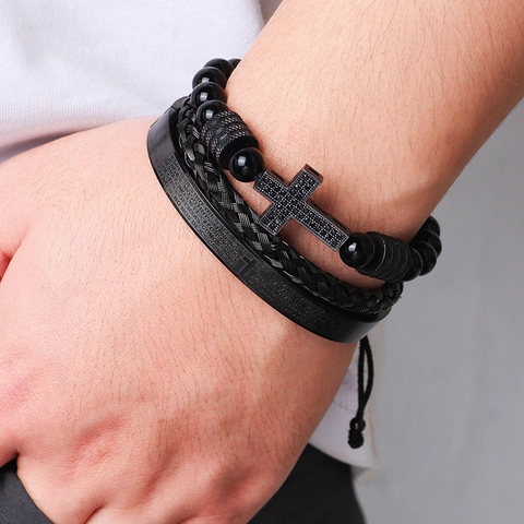 Pulsera para Hombre de Acero Inoxidable Negro Con Colgante de Cruz Diamante de Imitación Brazalete Trenzado de Cuentas Escritura Española Joyería Religiosa