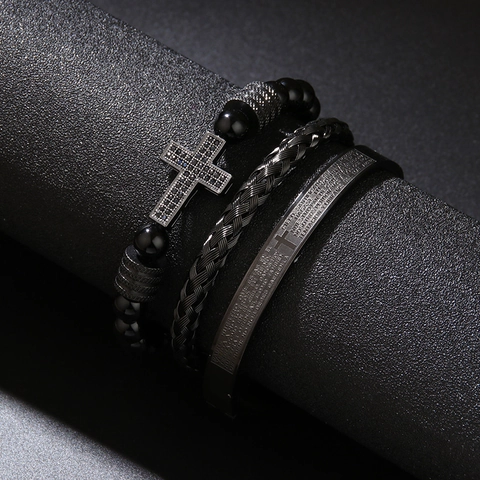 Pulsera para Hombre de Acero Inoxidable Negro Con Colgante de Cruz Diamante de Imitación Brazalete Trenzado de Cuentas Escritura Española Joyería Religiosa