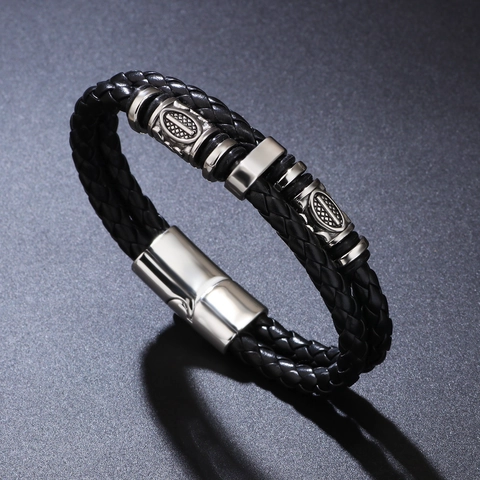 Bracciale in Pelle Intrecciata Vichinga Vintage per Uomo Doppio Strato in Lega di Zinco con Chiusura Magnetica Punk Gioielli
