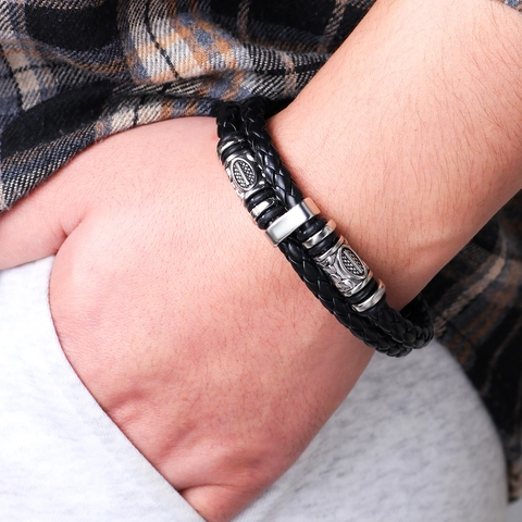 Bracciale in Pelle Intrecciata Vichinga Vintage per Uomo Doppio Strato in Lega di Zinco con Chiusura Magnetica Punk Gioielli