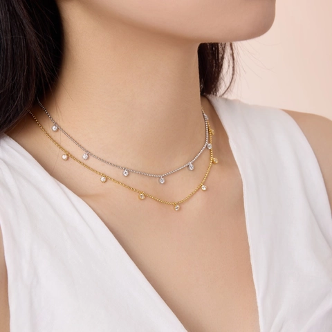 Collier en Argent Sterling 925 Chaîne à Perles pour Femme Pendentif Petites Fleurs Incrusté de Zirconia Choker Bijoux Cadeau
