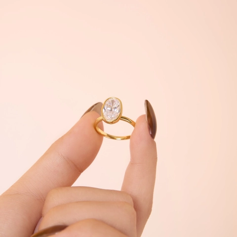 S925 Sterling Silver Ring For Women 18K Gold Plated Emerald Oval Cut Zirconia Bezel Set Elegant Minimalist Finger Ring Jewelry Gift