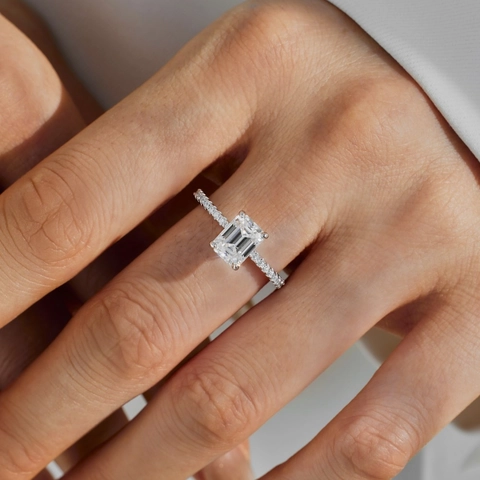 S925 Sterling Silver Emerald Cut Moissanite Ring With Zirconia Pave Luxurious Engagement Wedding Band For Women Jewelry