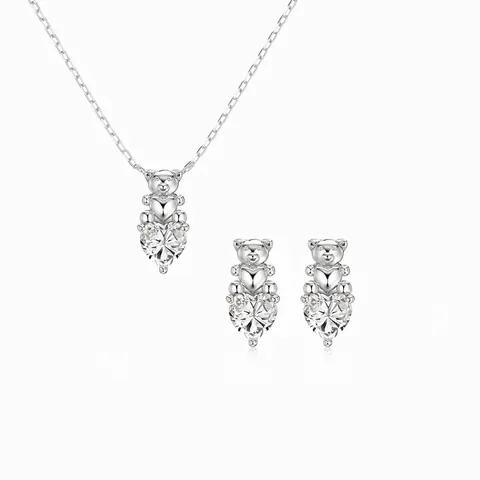 S925 Argento Sterling Orso Cuore Accessori Gioielli per Donna Zirconia Pendente Collana Orecchini Moda Eleganza Regalo