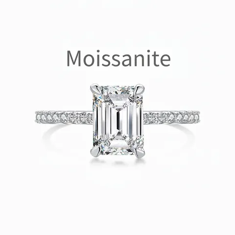 S925 Sterling Silver Emerald Cut Moissanite Ring With Zirconia Pave Luxurious Engagement Wedding Band For Women Jewelry