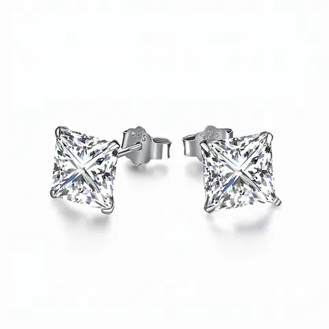 Orecchini a Bottone in Argento Sterling 925 Taglio Princess Zirconia Quadrato Donna Placcato Oro Bianco Gioielli Classici
