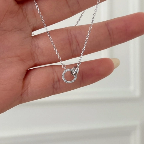 Collana in Argento Sterling 925 per Donna Doppi Anelli Incastrati Ciondolo con Strass Catena di Clavicola Gioielli Regalo