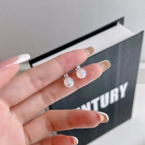 Elegant 925 Sterling Silver Moonstone Stud Earrings For Women Vintage Zirconia Inlaid Gold Plated Round Earring Jewelry Gift