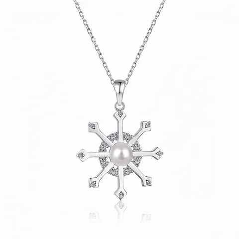 Collana con Pendente a Fiocco di Neve in Argento Sterling 925 Con Zirconia Perla Artificiale Elegante Catena Gioielli da Donna Regalo di Natale