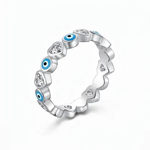925 Sterling Silver Evil Eye Heart Ring For Women Sparking Zirconia Inlaid Blue Enamel Band Ring Niche Fashion Jewelry Gift