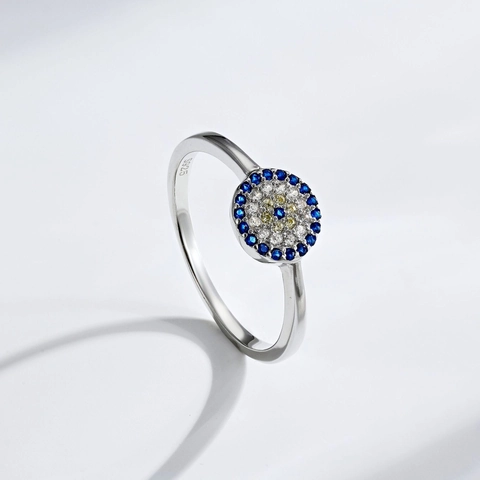 S925 Sterling Silver Evil Eye Ring For Women Blue White Zirconia Inlaid Round Finger Ring Light Luxury Fashion Jewelry
