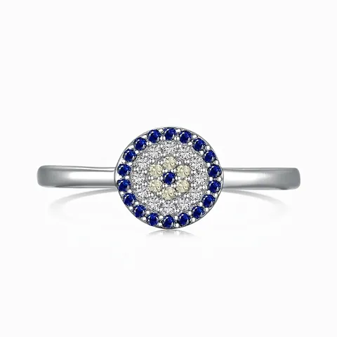 S925 Sterling Silver Evil Eye Ring For Women Blue White Zirconia Inlaid Round Finger Ring Light Luxury Fashion Jewelry