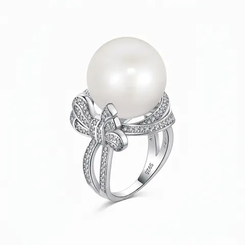 925 Sterling Silver Artificial Pearl Bow Ring For Women Luxurious Zirconia Inlaid Large Round Pearl Open Finger Ring Wedding Party Jewelry Gift