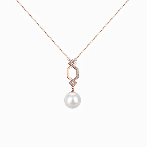 925 Sterling Silver Freshwater Pearl Pendant Necklace For Women Elegant Rose Gold Zirconia Inlaid Geometric Clavicle Chain