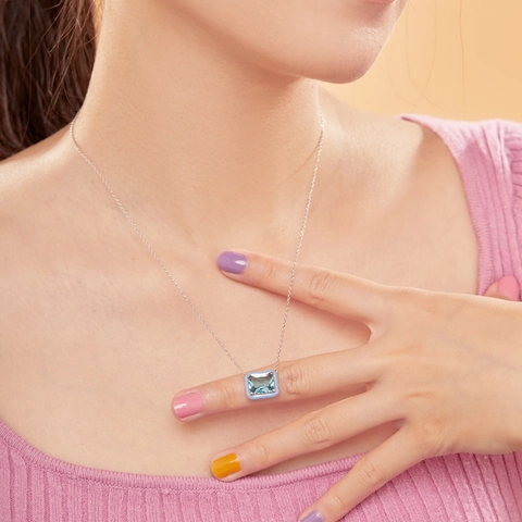 Collar de Plata de Ley 925 con Circonia para Mujer Esmalte Colorido Macaron Color Caramelo Colgante Geométrico Joyería