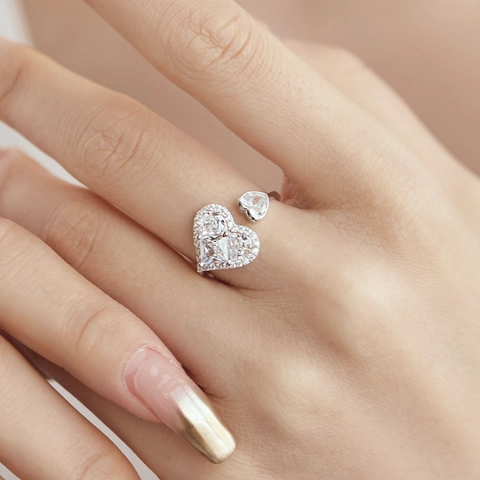 Luxus 925 Sterlingsilber Herz Offener Ring Für Damen Verstellbarer Zirkonia Doppelherz Ring High End Mode Schmuck