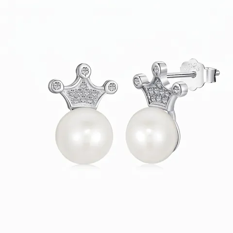 Orecchini a Bottone in Argento Sterling 925 con Corona e Perla d'Acqua Dolce Eleganti Orecchini con Strass Intarsiati per Donna Gioielli Regalo