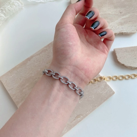 Bracciale in Argento Sterling 925 per Donna Lusso Zirconia Intarsiata Maglia Ovale Naso di Maiale Placcato Oro Bianco
