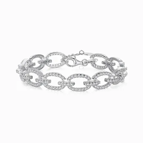Bracciale in Argento Sterling 925 per Donna Lusso Zirconia Intarsiata Maglia Ovale Naso di Maiale Placcato Oro Bianco