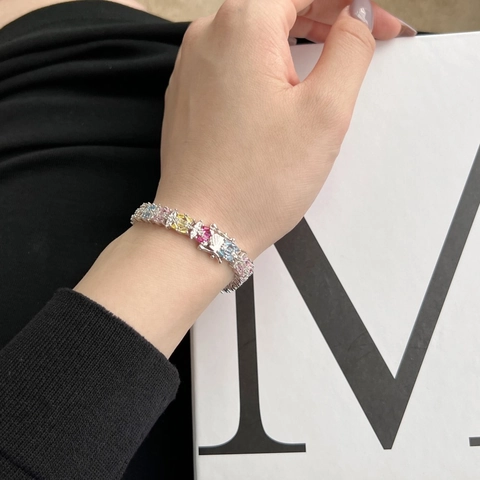 Bracciale Tennis in Argento Sterling S925 Con Zirconia Colorata per Donna Gioielli di Alta Moda Squisiti con Brillanti Accessorio Mano