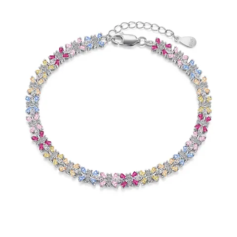 Damen S925 Sterlingsilber Armband Bunter Zirkonia Eingelegt Blumig Geometrisch Gliederkette Armband Für Hochzeit Party Mode Schmuck