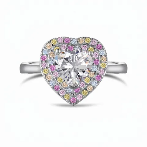 French 925 Sterling Silver Heart Ring For Women Double Halo Zirconia Engagement Wedding Ring Pink Multi-color Zirconia Ring