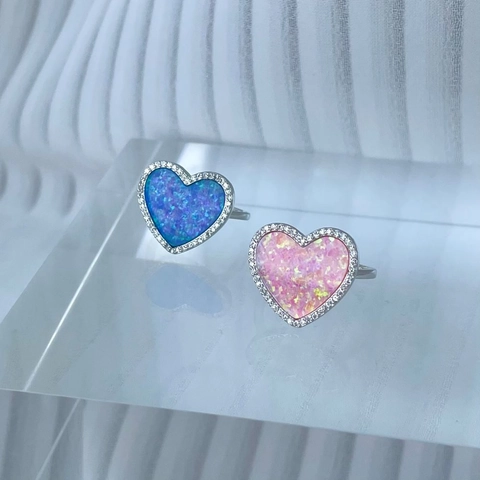S925 Sterling Silver Heart Ring For Women Luxury Inlaid Blue Pink Artificial Opal Zirconia Fashion Minimalist Jewelry Finger Ring