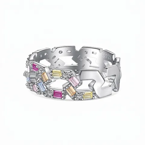 S925 Sterling Silver Geometric Hollow Chain Ring For Women With Colorful Cubic Zirconia Fashion Commute Finger Jewelry Gift
