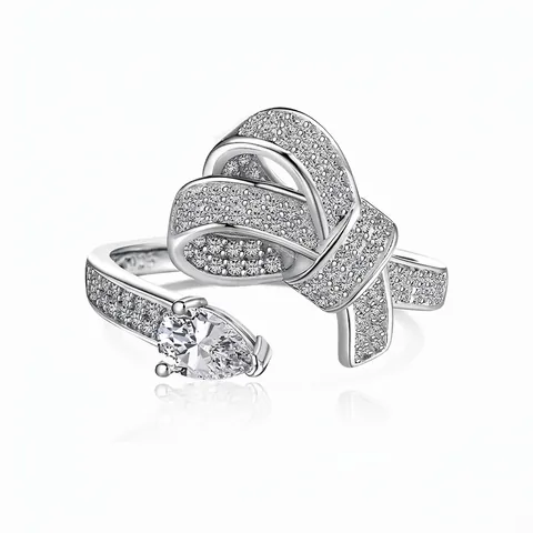 French Style 925 Sterling Silver Bowknot Ring With Zirconia Pear Cut Main Stone Open Adjustable Wedding Jewelry For Women
