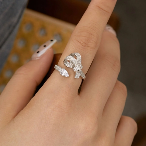 925 Sterling Silver Bow Ring For Women Sparkling Zirconia Inlaid Adjustable Open Finger Ring Wedding Party Fashion Jewelry